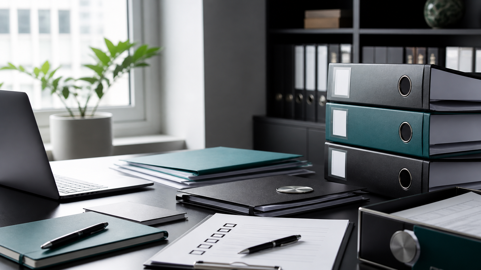 Illustration of organised files and a compliance checklist